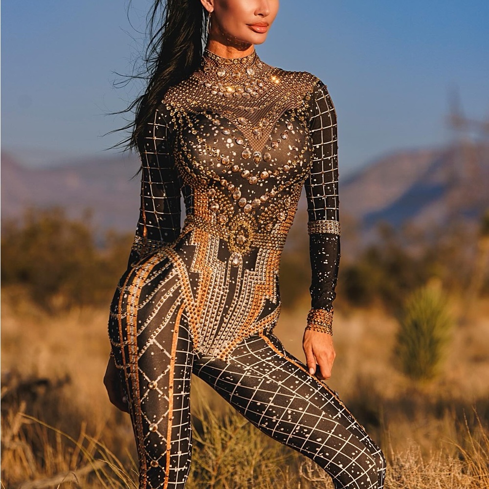 Black and Gold Geometric Jumpsuit with Sheer Elegance